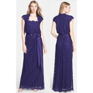 Tadashi Shoji Women's Belted Cap Sleeve Royal Purple Lace Maxi Gown Dress, Sz 10